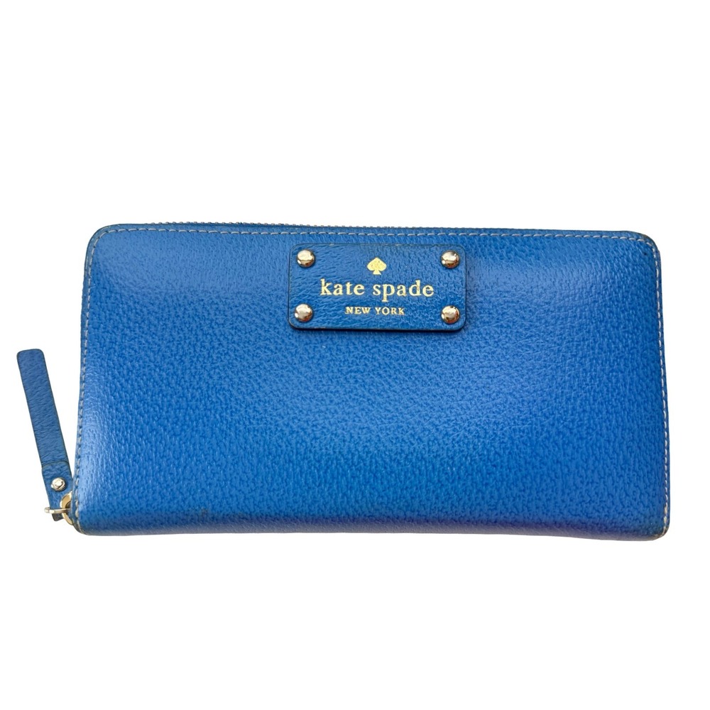 Kate Spade New York Blue Pebbled Leather Zip Around Card Wallet Gold Hardware